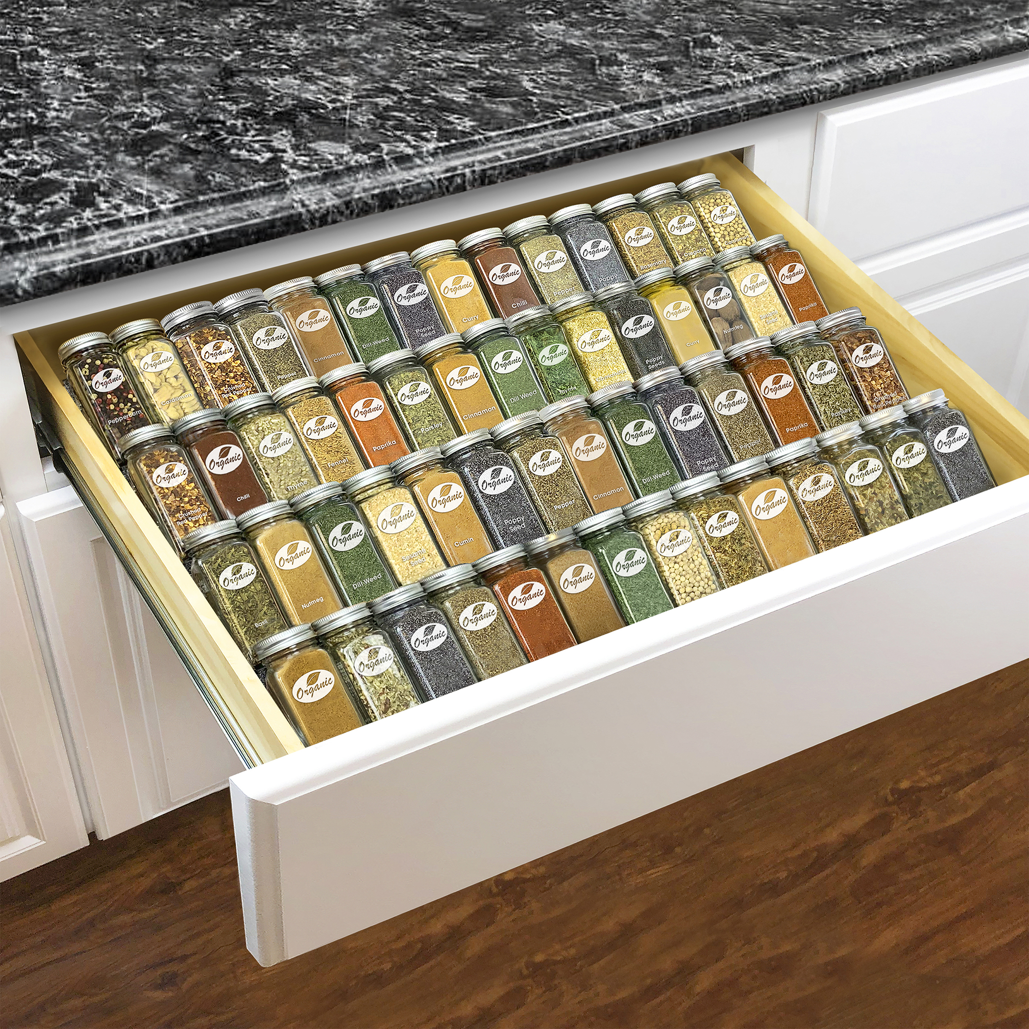 GZOOGHOME Spice Drawer Organizer with 28 Spice Jars and 378 Spice Labels,  Seasoning Rack Tray Insert for Kitchen Drawers, 12.8 Wide x 17.5 Deep