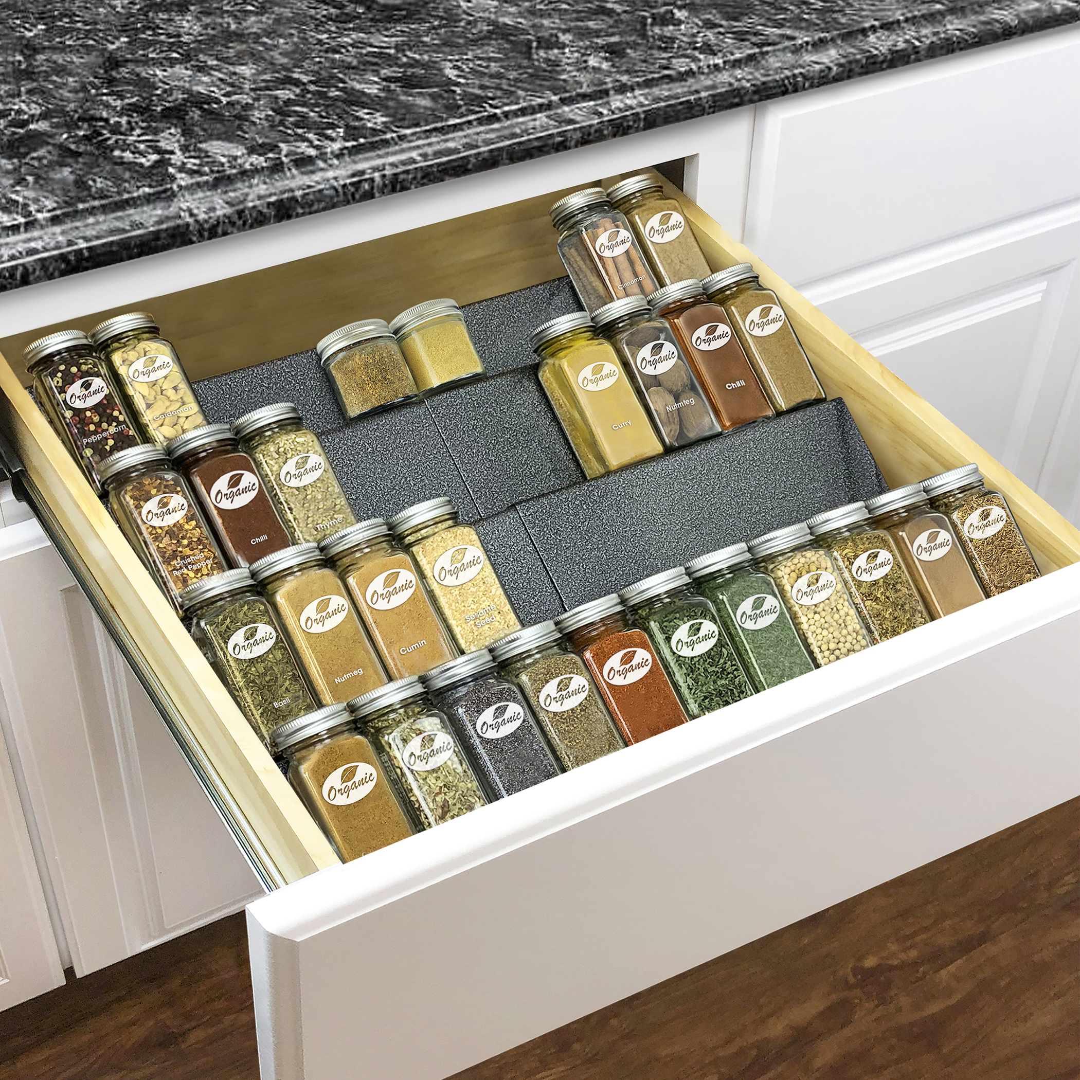 VANGAY Spice Rack Drawer, 4 Tier Expands From 13 To 26 Drawer Spice  Organizer For Jars And Packets, Adjustable Storage Salt, Seasoning(Metallic